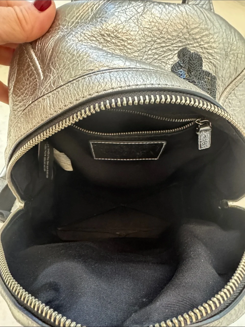 Marc Jacobs Silver Metallic Mini Backpack with Black Embellishment
